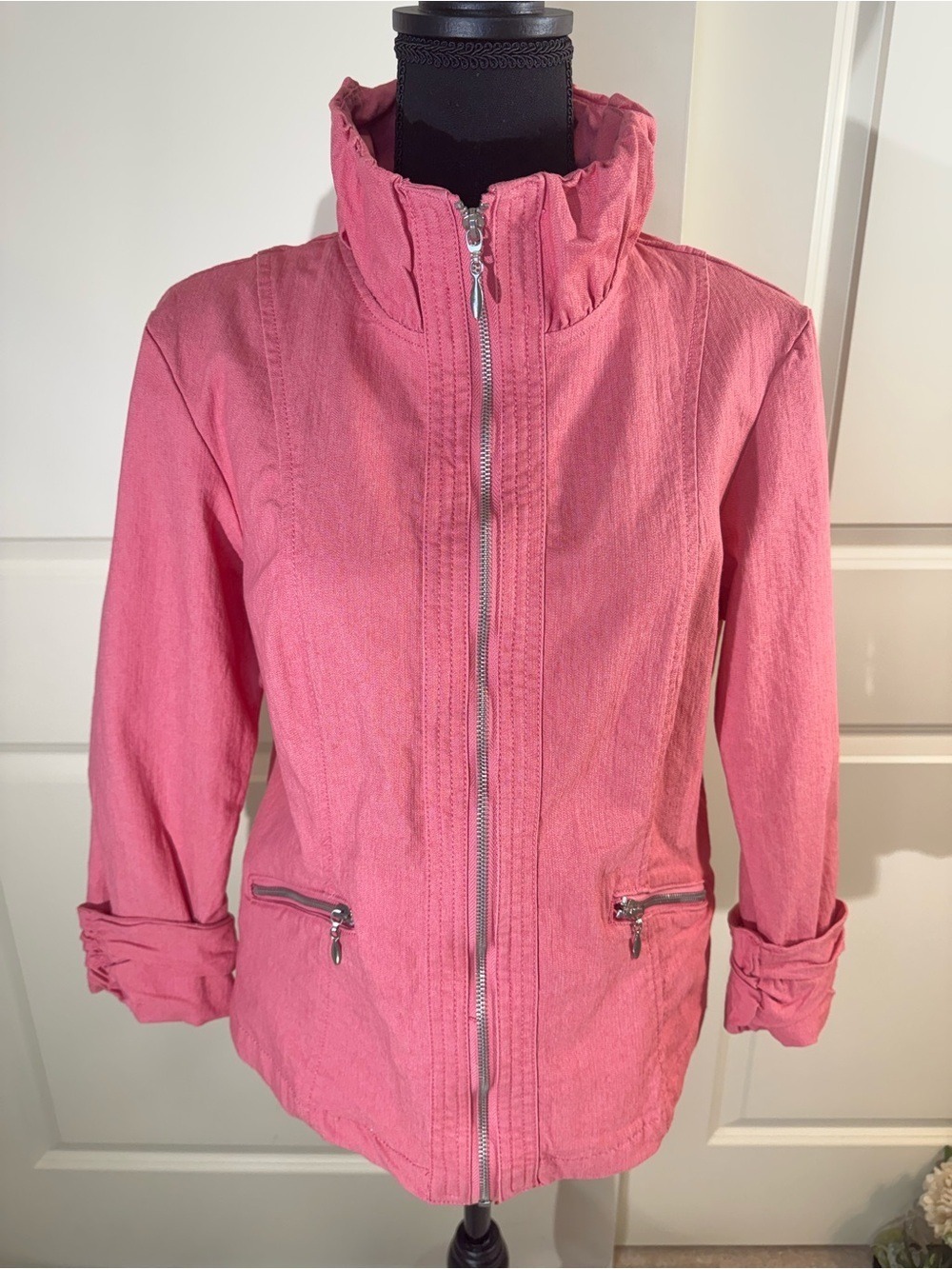 Live a Little Coral Pink Utility Jacket with Zip Pockets Medium